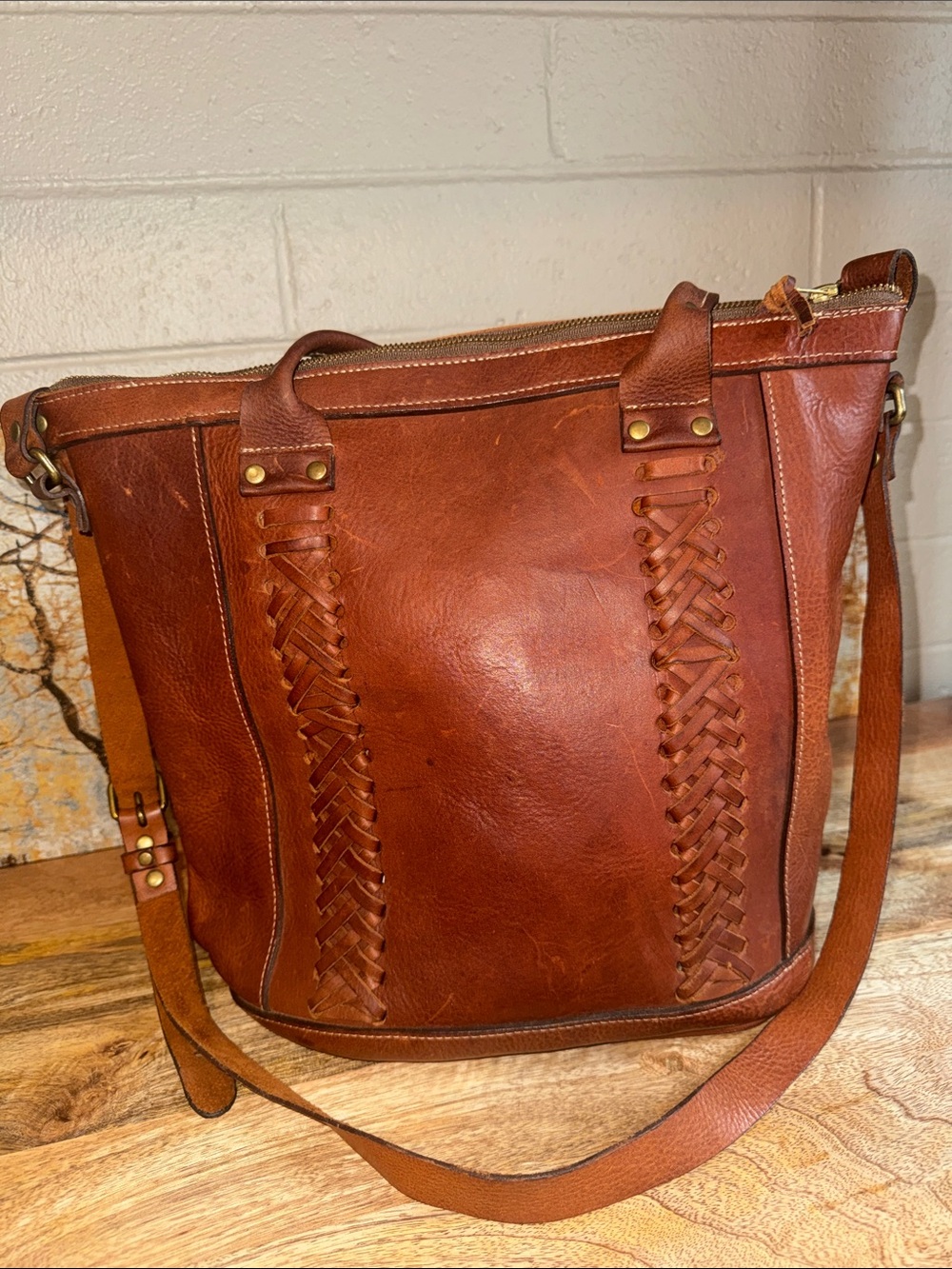 Nikki & Mallory whipstitched braided heavy full grain Leather Tote/crossbody